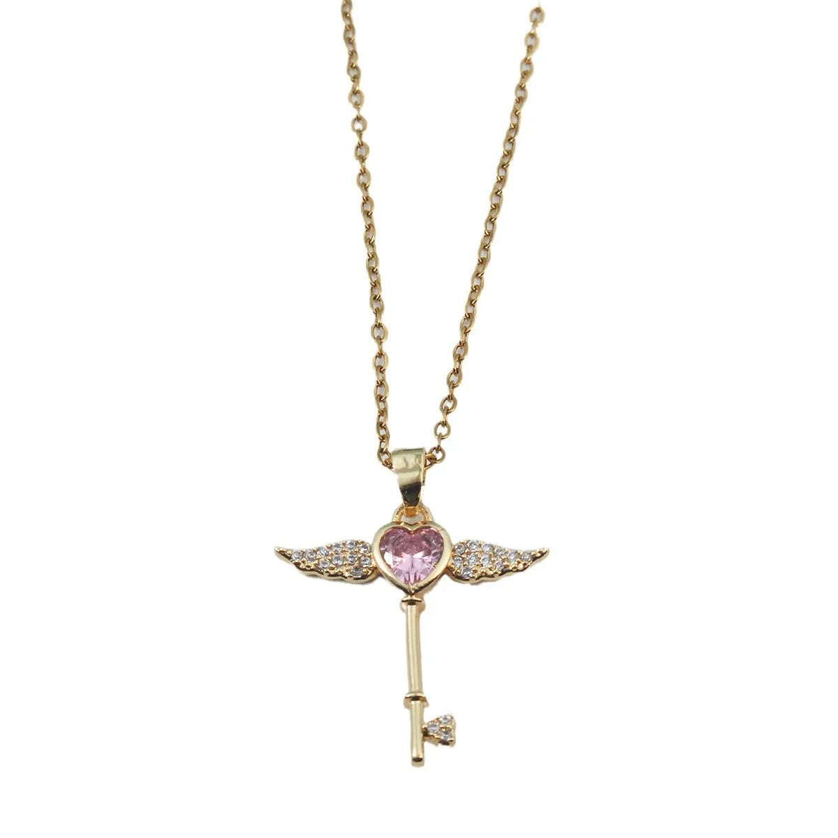 Simple Style Heart Shape Wings Key Titanium Steel Copper Plating Inlay Zircon Pendant Necklace