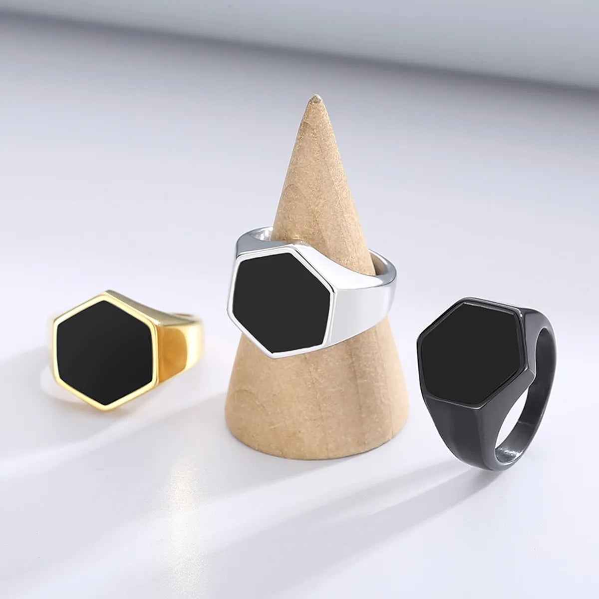 Simple Style Hexagon Solid Color Stainless Steel Polishing Unisex Rings