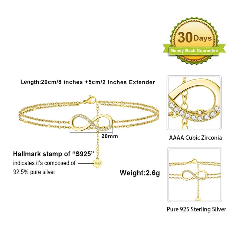 Simple Style Infinity Sterling Silver Plating Inlay Zircon 14k Gold Plated White Gold Plated Silver Plated Women'S Anklet