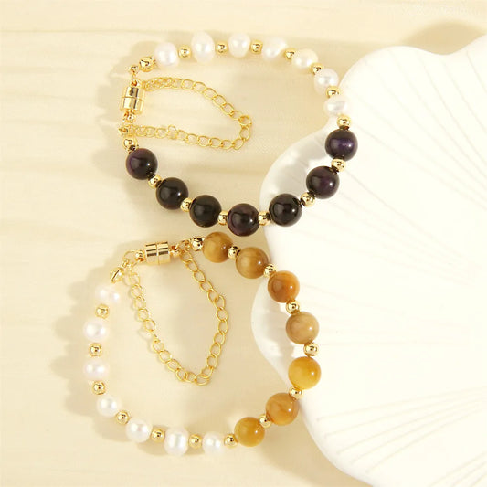 Simple Style Irregular Round Artificial Gemstones Freshwater Pearl Copper Handmade Plating 18k Gold Plated Bracelets