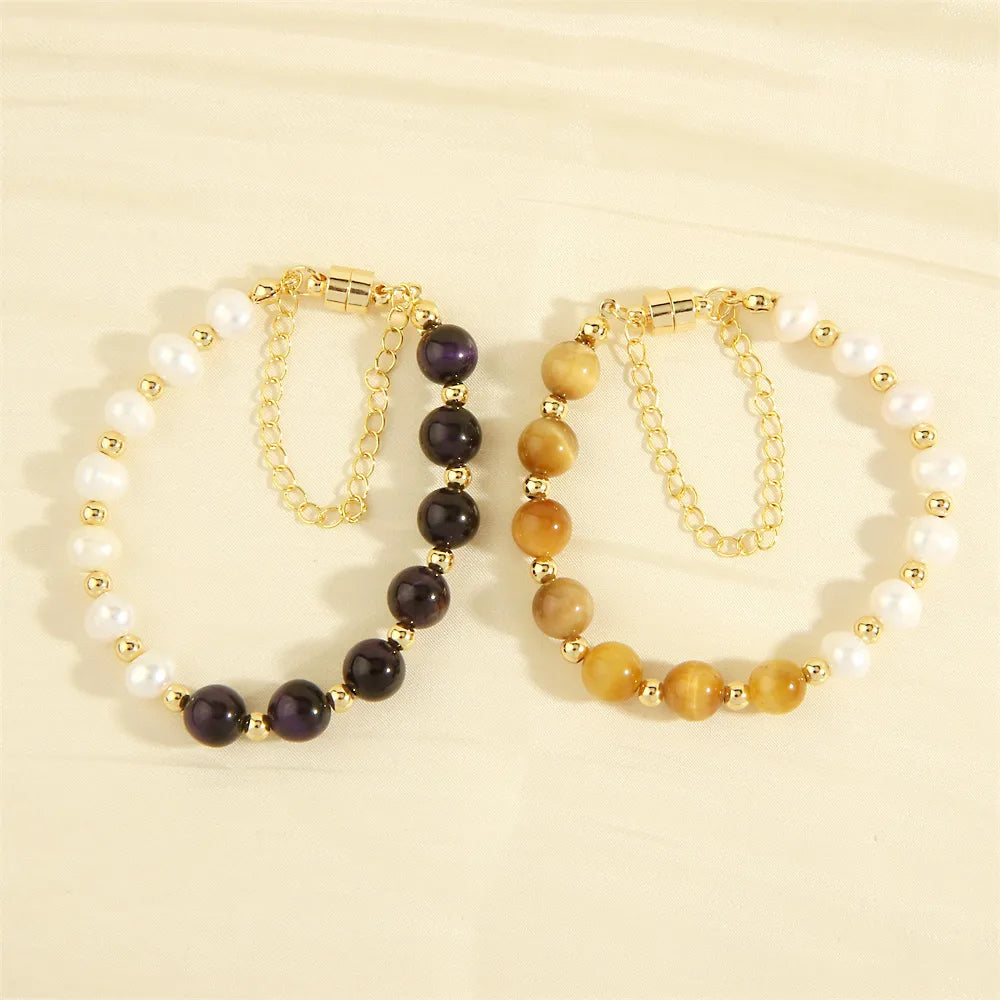 Simple Style Irregular Round Artificial Gemstones Freshwater Pearl Copper Handmade Plating 18k Gold Plated Bracelets