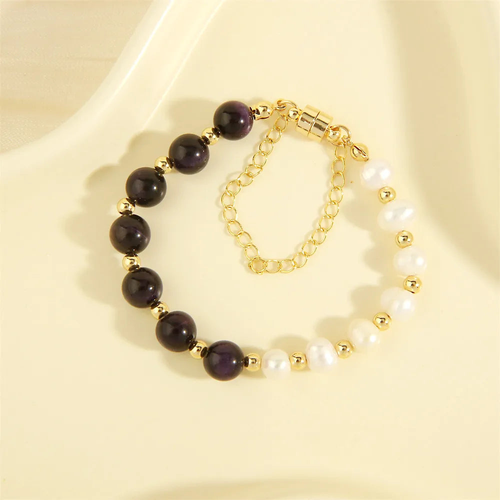 Simple Style Irregular Round Artificial Gemstones Freshwater Pearl Copper Handmade Plating 18k Gold Plated Bracelets