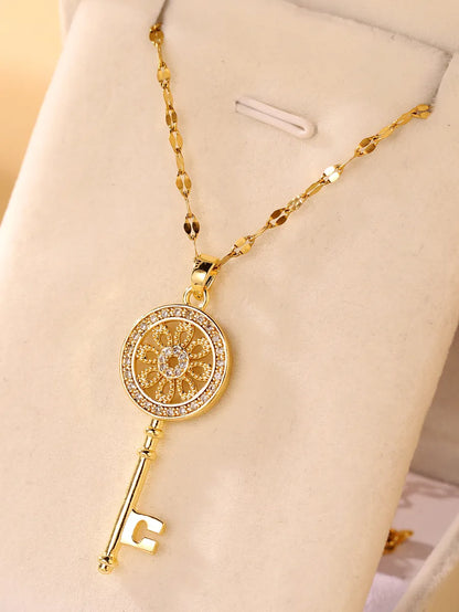 Simple Style Key Stainless Steel Plating Hollow Out Inlay Zircon 18k Gold Plated Pendant Necklace