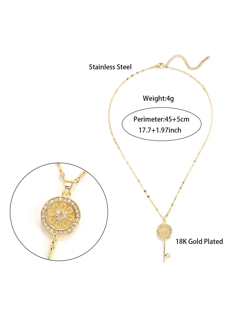 Simple Style Key Stainless Steel Plating Hollow Out Inlay Zircon 18k Gold Plated Pendant Necklace