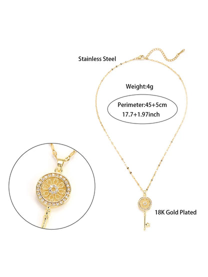 Simple Style Key Stainless Steel Plating Hollow Out Inlay Zircon 18k Gold Plated Pendant Necklace