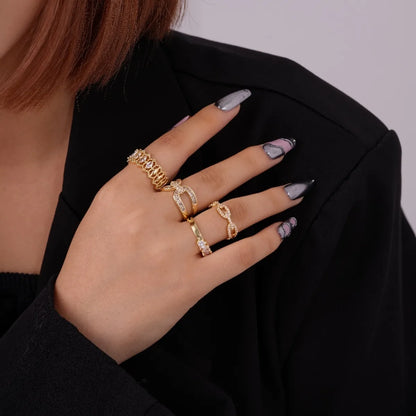 Simple Style Korean Style Geometric Copper Plating Hollow Out Inlay Zircon Gold Plated Open Rings