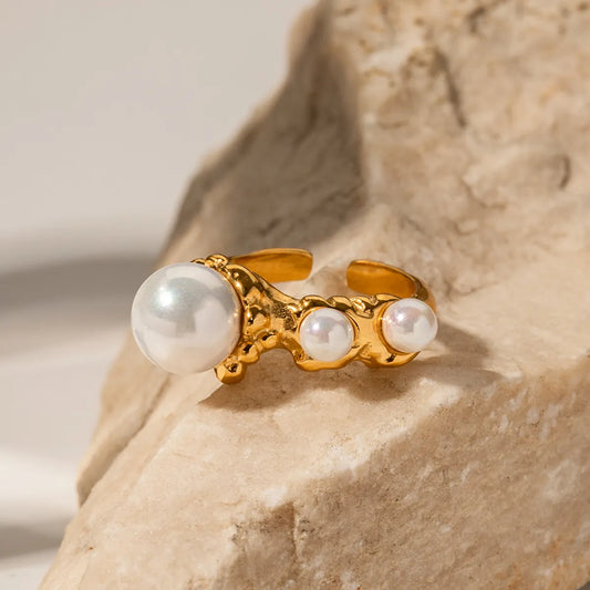 Simple Style Korean Style Irregular Stainless Steel Irregular Shell Pearls 18k Gold Plated Open Ring