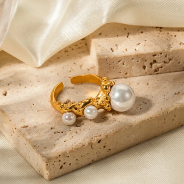 Simple Style Korean Style Irregular Stainless Steel Irregular Shell Pearls 18k Gold Plated Open Ring