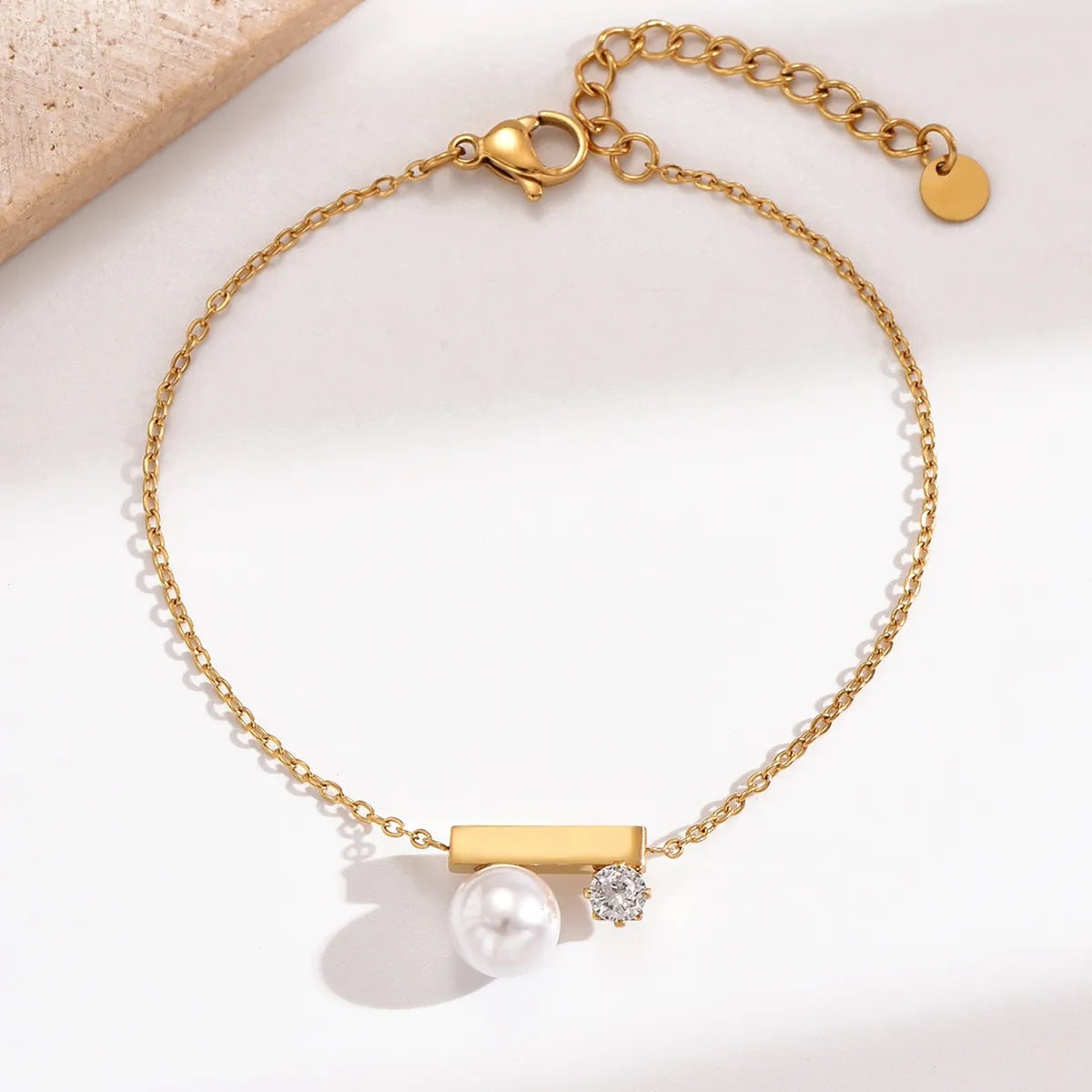 Simple Style Korean Style Rectangle Stainless Steel Polishing Plating Inlay Artificial Pearls Zircon 14k Gold Plated Bracelets