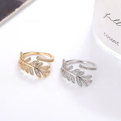 Simple Style Leaf Copper 18k Gold Plated Silver Plated Zircon Adjustable Ring In Bulk