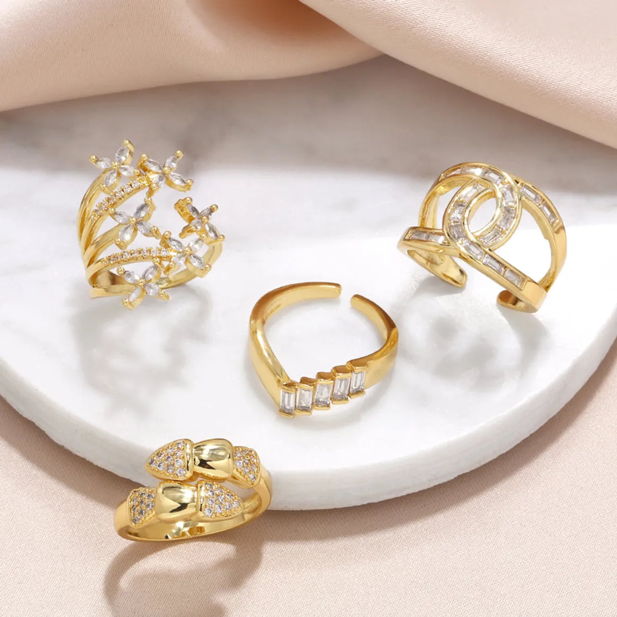 Simple Style Leaf Copper Plating Inlay Zircon 18k Gold Plated Open Rings