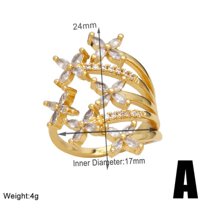 Simple Style Leaf Copper Plating Inlay Zircon 18k Gold Plated Open Rings