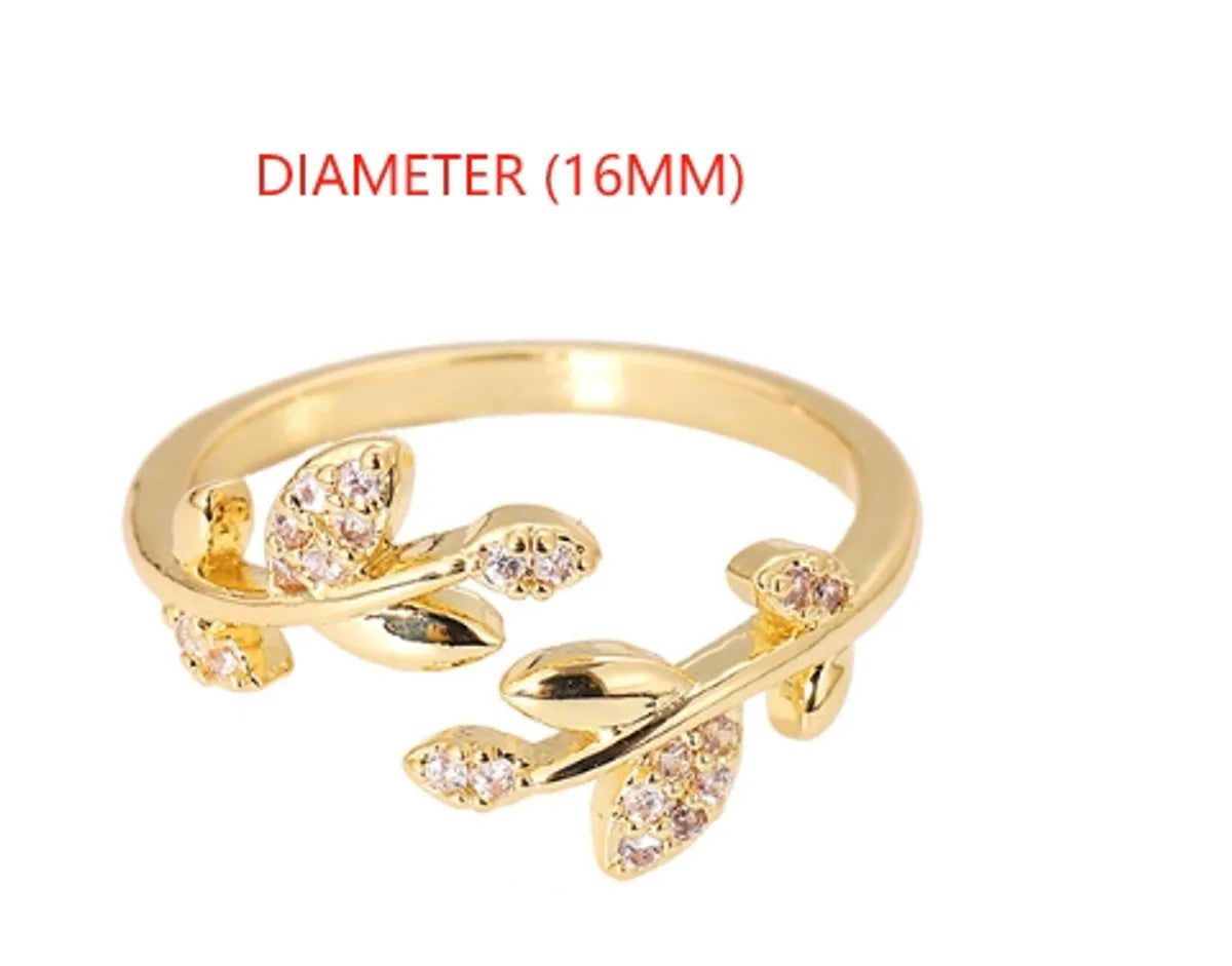 Simple Style Leaf Metal Plating Inlay Zircon Women's Open Rings