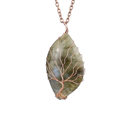 Simple Style Leaf Natural Stone Ferroalloy Knitting Pendant Necklace