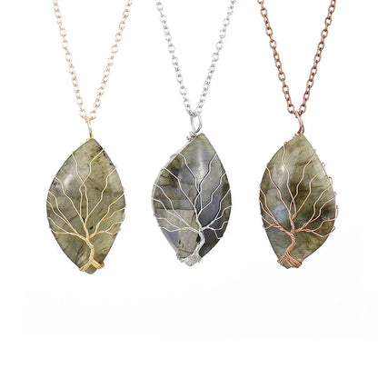 Simple Style Leaf Natural Stone Ferroalloy Knitting Pendant Necklace