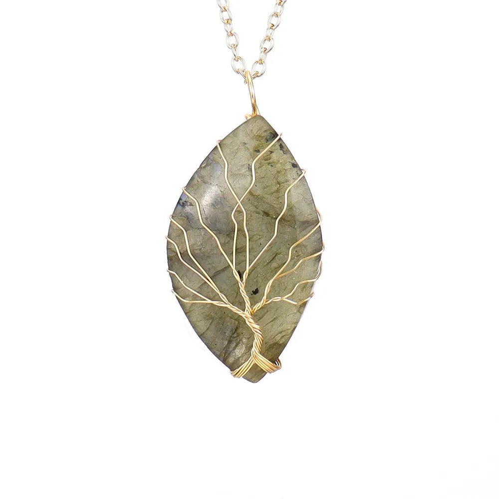 Simple Style Leaf Natural Stone Ferroalloy Knitting Pendant Necklace