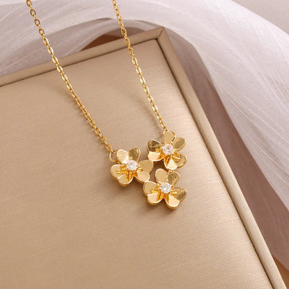 Simple Style Leaf Stainless Steel Inlay Rhinestones Pendant Necklace