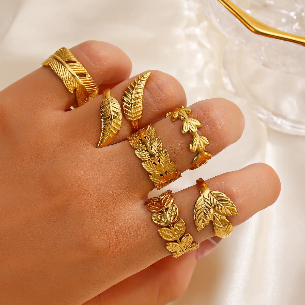 Simple Style Leaf Stainless Steel Plating Open Ring