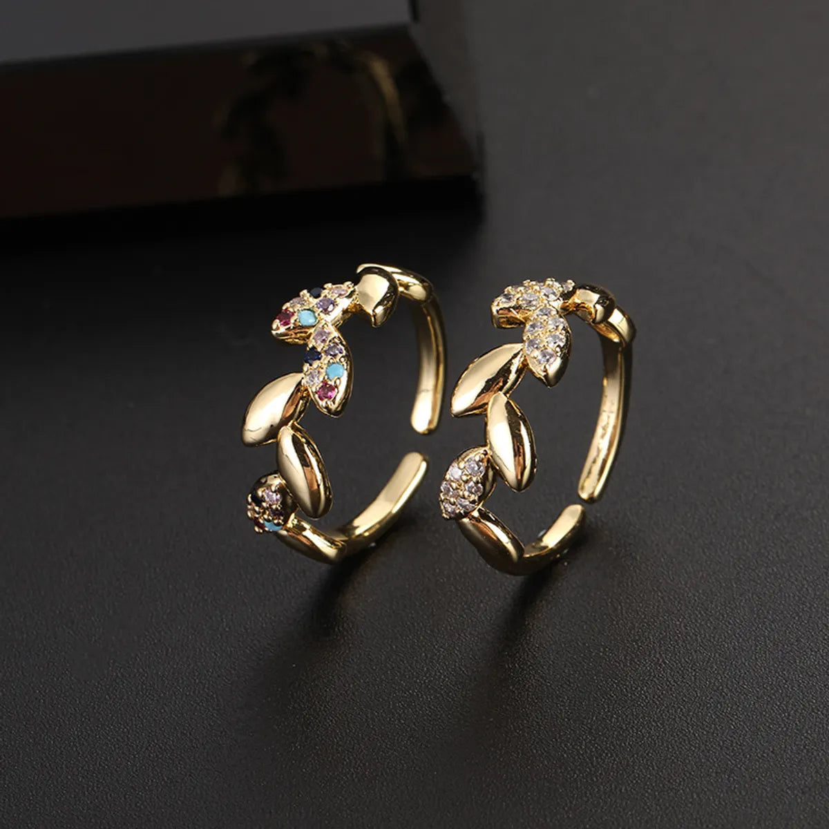 Simple Style Leaves Copper Gold Plated Zircon Open Rings In Bulk