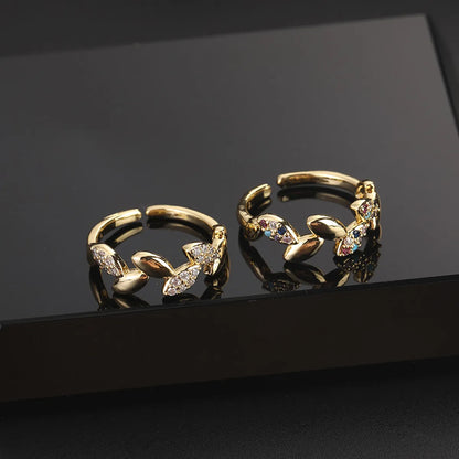 Simple Style Leaves Copper Gold Plated Zircon Open Rings In Bulk