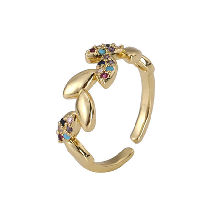 Simple Style Leaves Copper Gold Plated Zircon Open Rings In Bulk