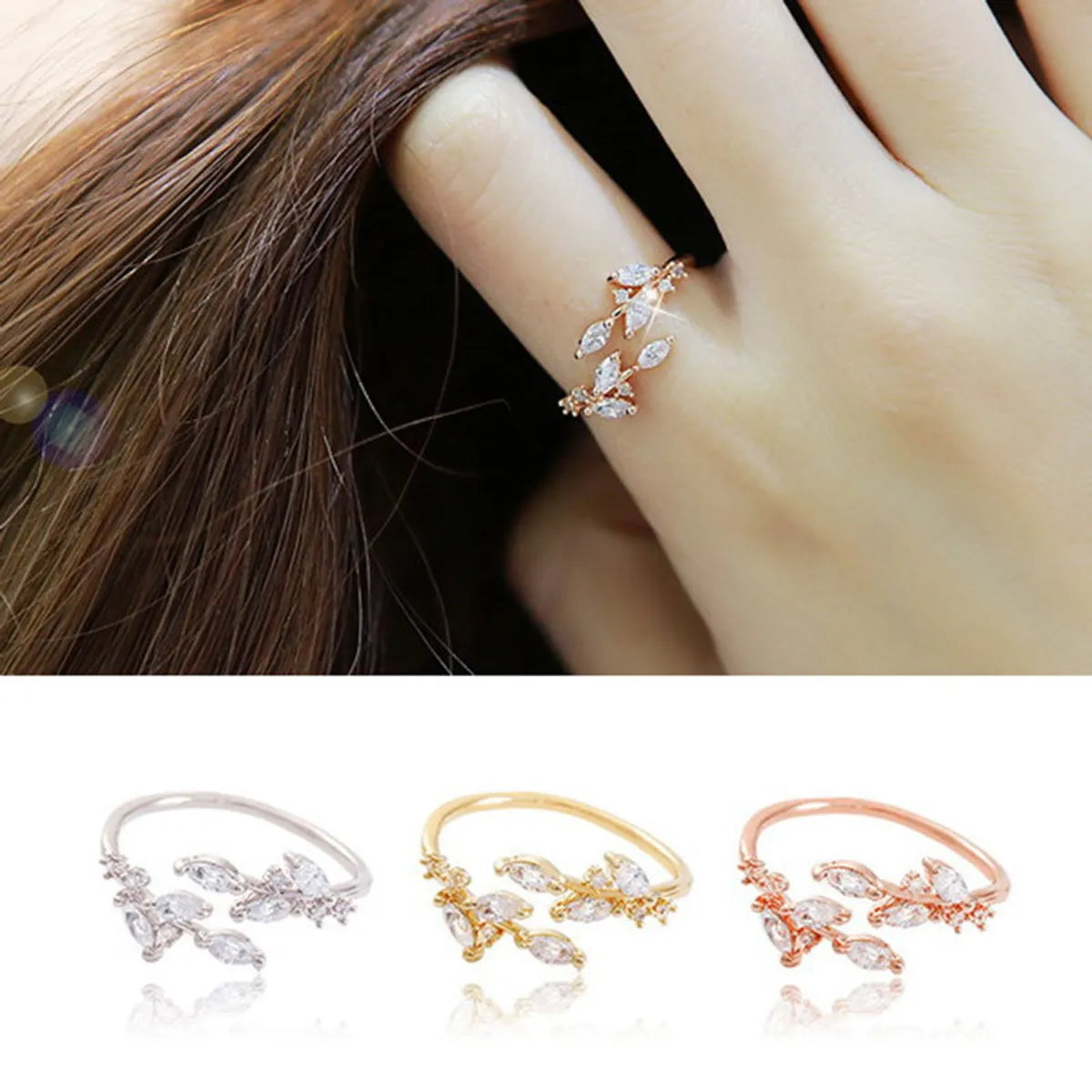 Simple Style Leaves Copper Plating Zircon Open Ring 1 Piece