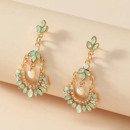 Simple Style Leaves Pendant Inlaid Rhinestone Pearl Earrings