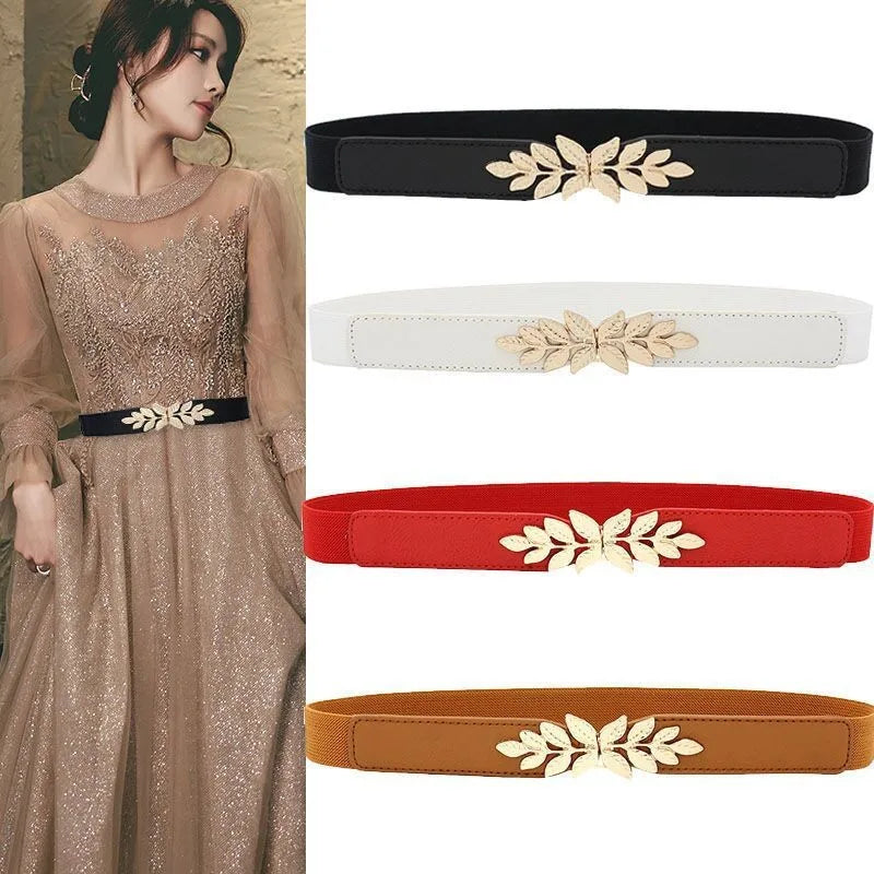 Simple Style Leaves Pu Leather Elastic Band Women'S Leather Belts 1 Piece