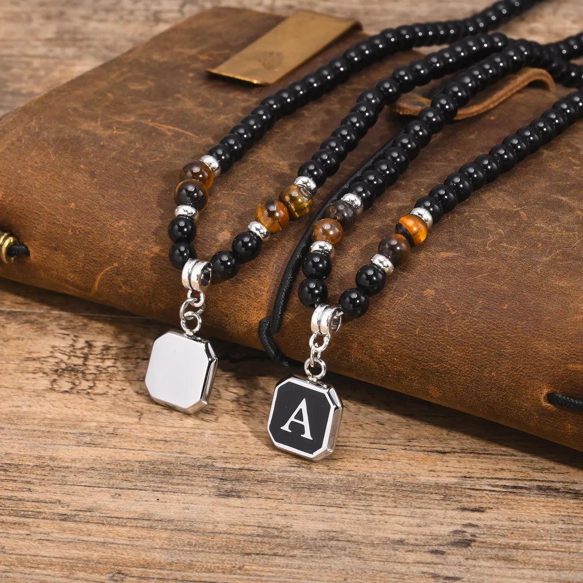 Simple Style Letter 304 Stainless Steel Arylic Tiger Eye Beaded Handmade Inlay Tiger Eye Men'S Pendant Necklace