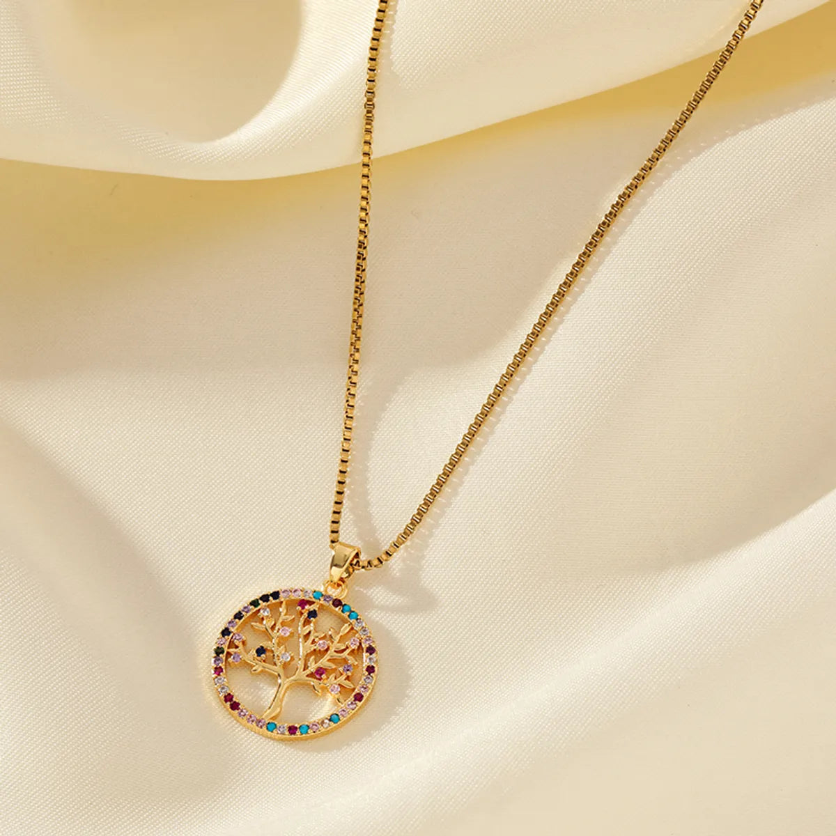 Simple Style Life Tree Stainless Steel Brass Plating Inlay Zircon 18k Gold Plated Pendant Necklace