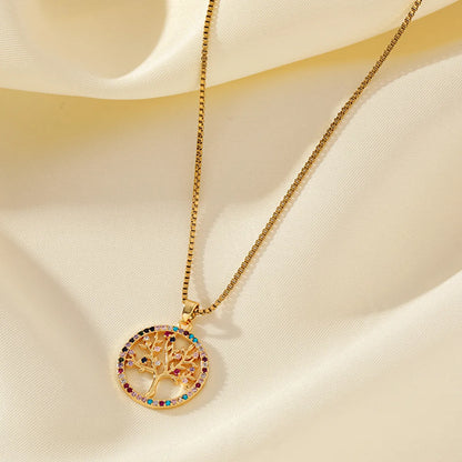 Simple Style Life Tree Stainless Steel Brass Plating Inlay Zircon 18k Gold Plated Pendant Necklace