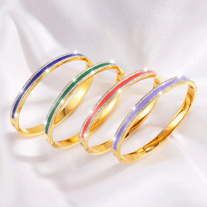 Simple Style Lines Stainless Steel Enamel Inlay Zircon Bangle