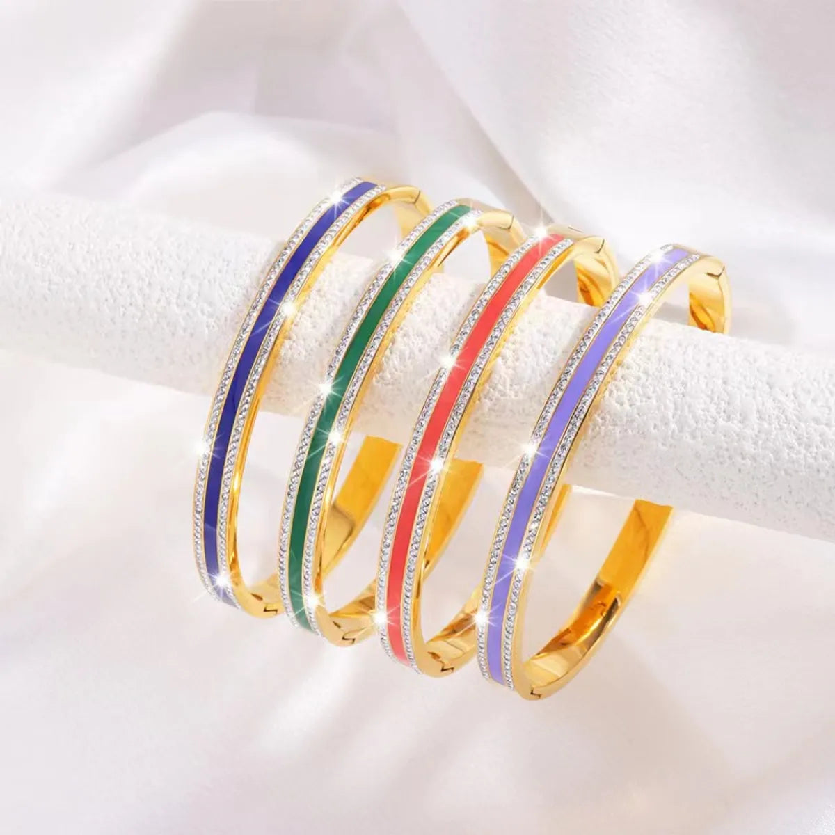 Simple Style Lines Stainless Steel Enamel Inlay Zircon Bangle