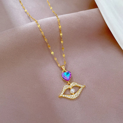 Simple Style Lips Stainless Steel Copper Inlay Zircon Pendant Necklace