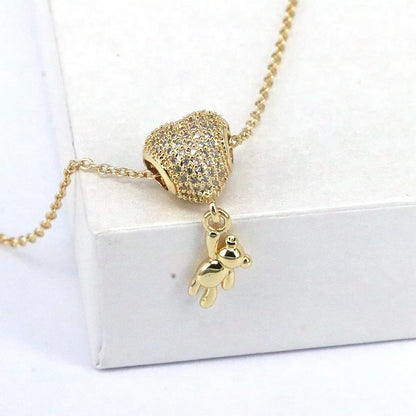 Simple Style Little Bear Heart Shape Copper Plating Inlay Zircon Pendant Necklace