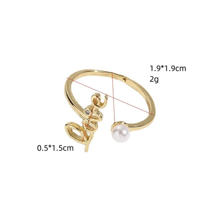 Simple Style Love Letter Copper Gold Plated Artificial Pearls Open Ring 1 Piece