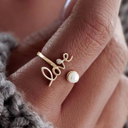 Simple Style Love Letter Copper Gold Plated Artificial Pearls Open Ring 1 Piece