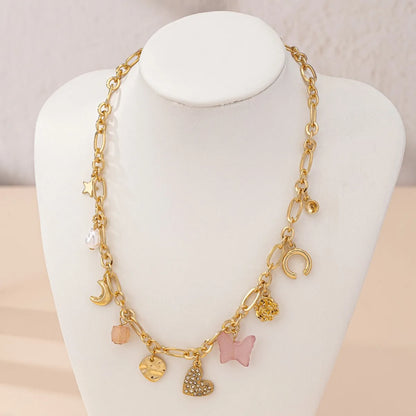 Simple Style Moon Heart Shape Butterfly Alloy Mixed Materials Wholesale Necklace