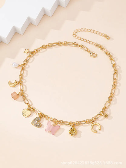 Simple Style Moon Heart Shape Butterfly Alloy Mixed Materials Wholesale Necklace