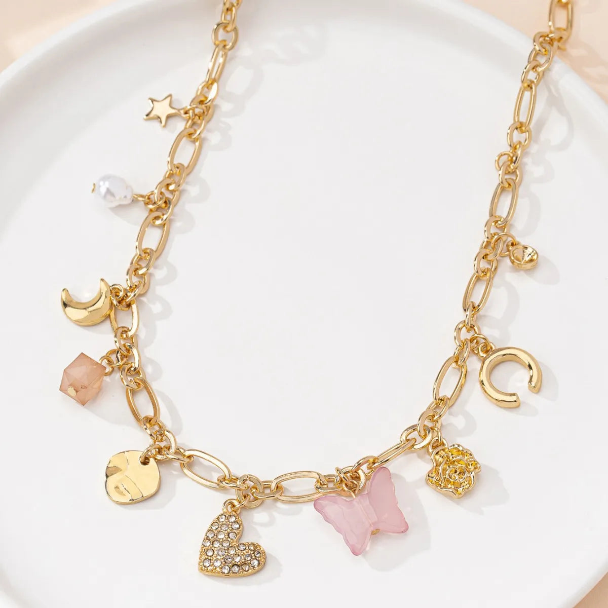 Simple Style Moon Heart Shape Butterfly Alloy Mixed Materials Wholesale Necklace