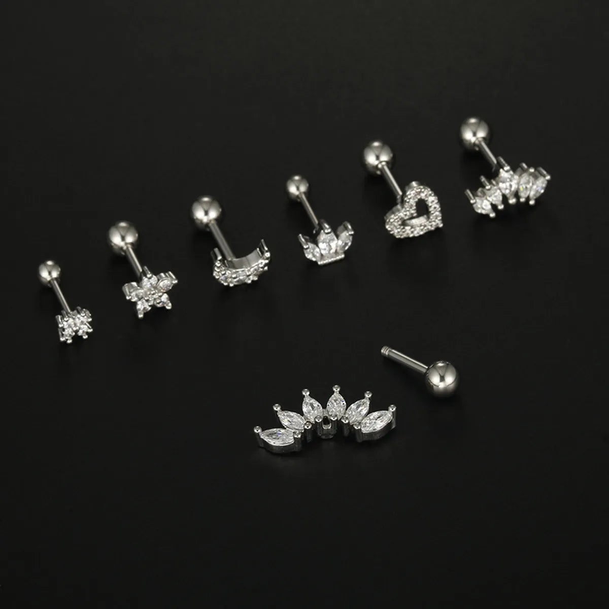 Simple Style Moon Heart Shape Flower Stainless Steel Plating Inlay Zircon Ear Studs 1 Piece