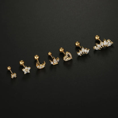 Simple Style Moon Heart Shape Flower Stainless Steel Plating Inlay Zircon Ear Studs 1 Piece