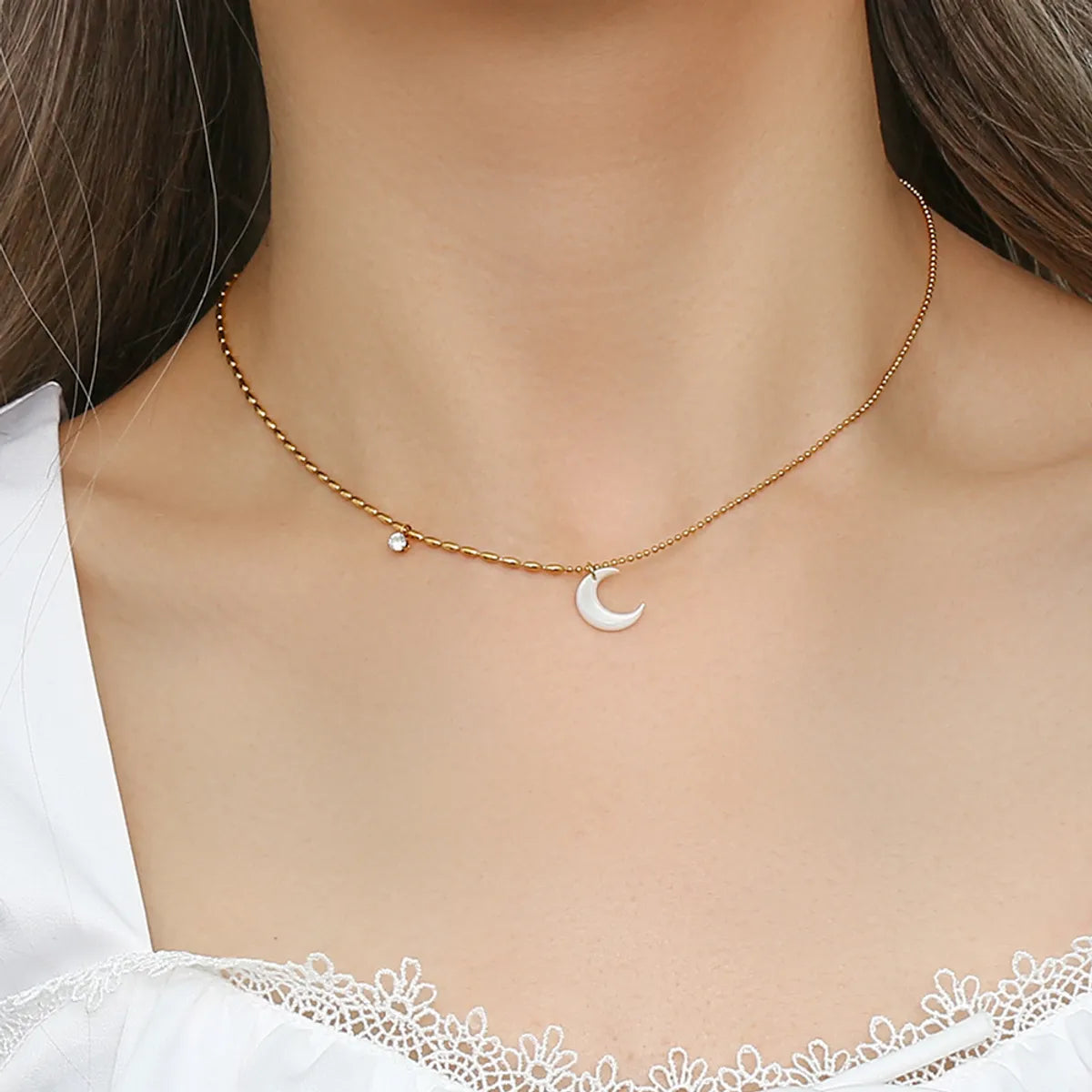 Simple Style Moon Stainless Steel Necklace Inlaid Shell Stainless Steel Necklaces