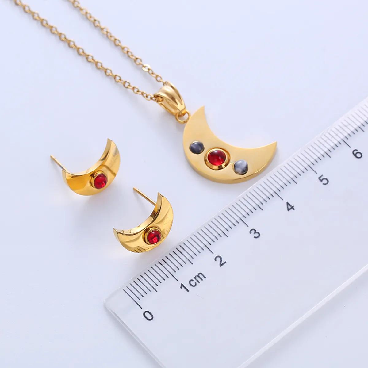 Simple Style Moon Stainless Steel Plating Artificial Gemstones 18k Gold Plated Earrings Necklace Jewelry Set