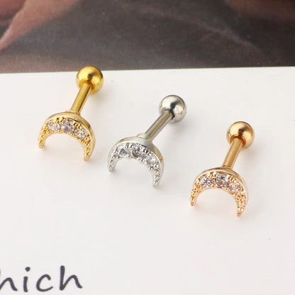 Simple Style Moon Stainless Steel Zircon Lip Stud Ear Studs 1 Piece