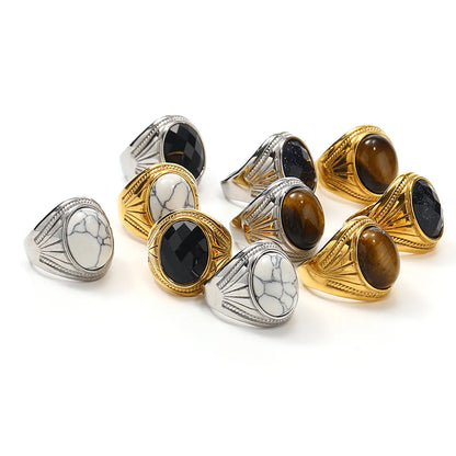 Titanium Steel 18K Gold Plated Simple Style Inlay Oval Synthetic Turquoise Natural Tigereye Glass Rings