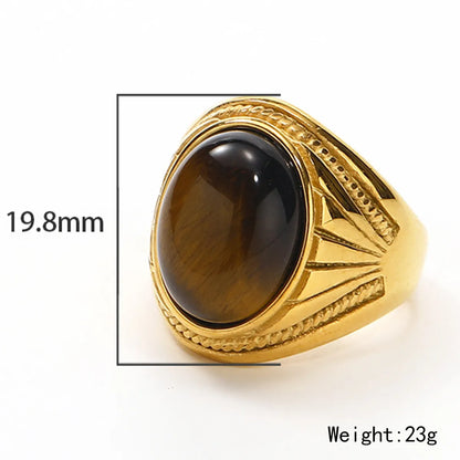 Titanium Steel 18K Gold Plated Simple Style Inlay Oval Synthetic Turquoise Natural Tigereye Glass Rings