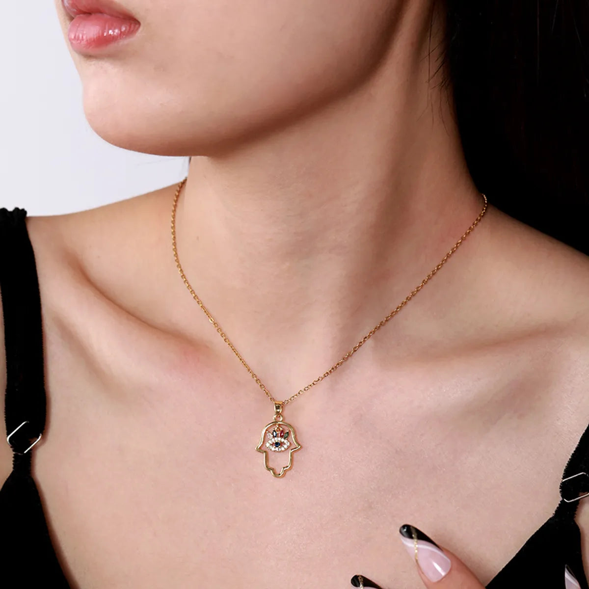 Simple Style Palm Stainless Steel Plating Inlay Zircon Gold Plated Pendant Necklace