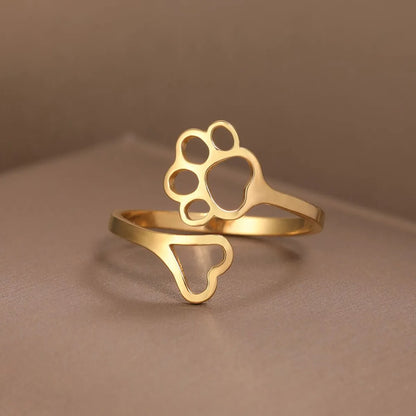 Simple Style Paw Print Heart Shape Stainless Steel Open Ring Hollow Out Stainless Steel Rings 1 Piece