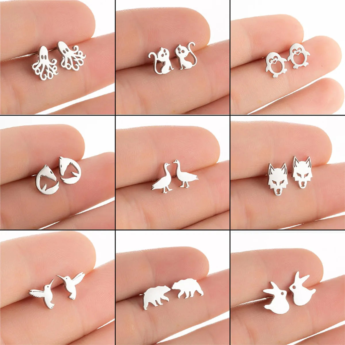 Simple Style Penguin Cat Octopus Stainless Steel Plating Hollow Out Ear Studs 1 Pair